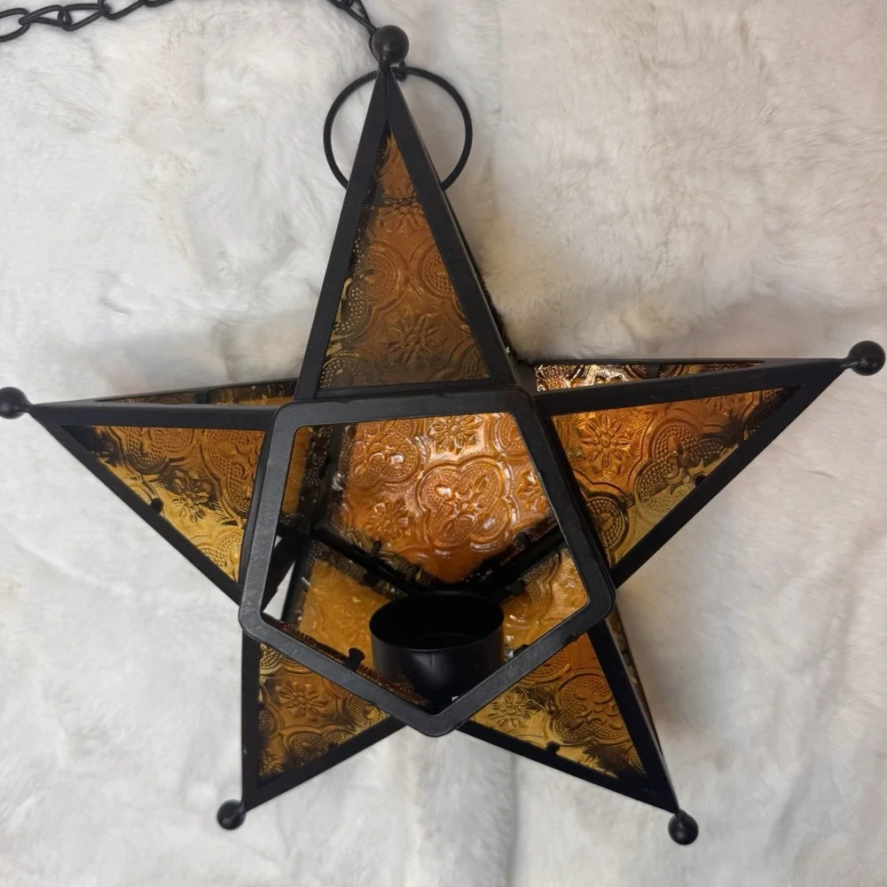 VTG Moroccan Star Style Amber Glass Metal Hanging Tea Light Candle Lantern 9.5